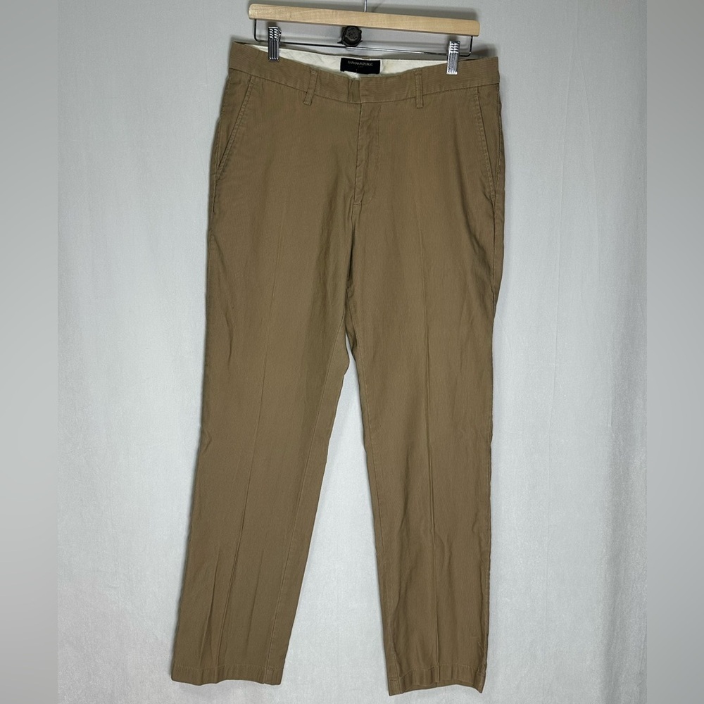 Banana Republic Gavin Straight Leg Chinos Mens 33x32 Khaki Tan Micro Stripe Pant